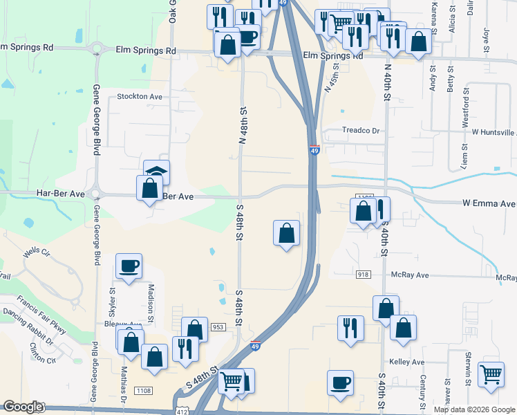 map of restaurants, bars, coffee shops, grocery stores, and more near 111 South 48th Street in Springdale