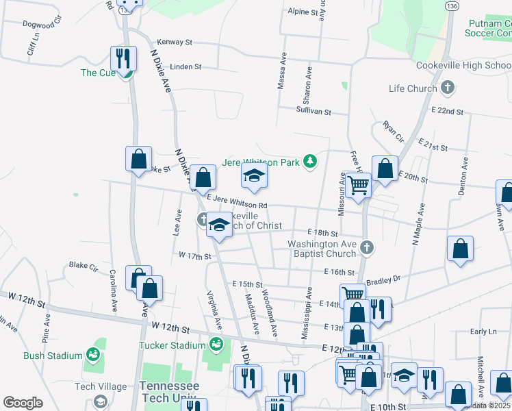 map of restaurants, bars, coffee shops, grocery stores, and more near 178 East Jere Whitson Road in Cookeville