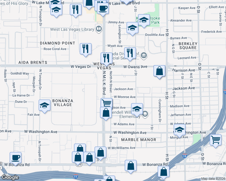 map of restaurants, bars, coffee shops, grocery stores, and more near 1324 Jackson Avenue in Las Vegas