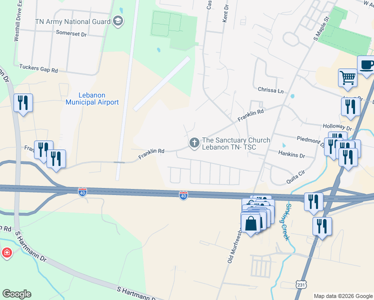 map of restaurants, bars, coffee shops, grocery stores, and more near 504 Franklin Road in Lebanon