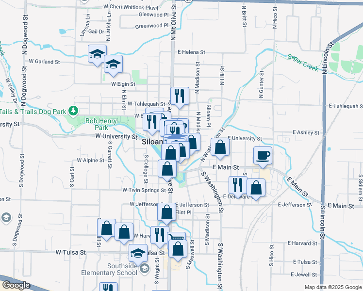 map of restaurants, bars, coffee shops, grocery stores, and more near 119 South Broadway Street in Siloam Springs