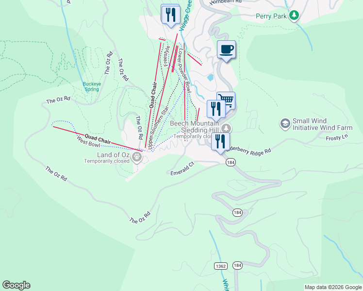 map of restaurants, bars, coffee shops, grocery stores, and more near 113 Skiloft Road in Beech Mountain