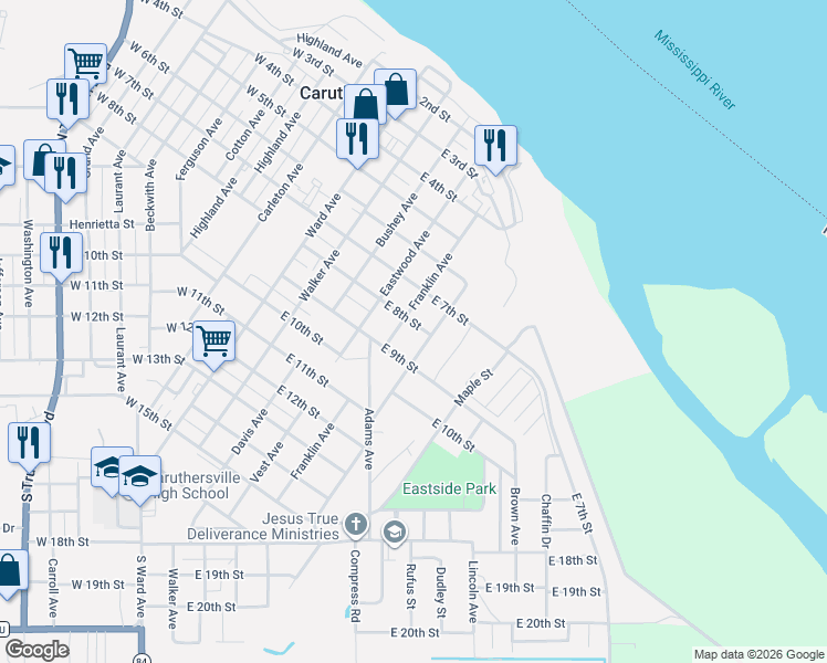 map of restaurants, bars, coffee shops, grocery stores, and more near 504 East 8th Street in Caruthersville