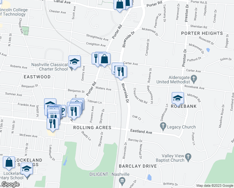 map of restaurants, bars, coffee shops, grocery stores, and more near 812 Washington Avenue in Nashville