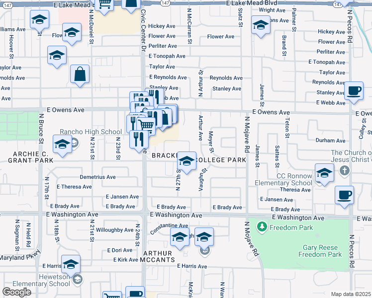 map of restaurants, bars, coffee shops, grocery stores, and more near 2701 Searles Avenue in Las Vegas