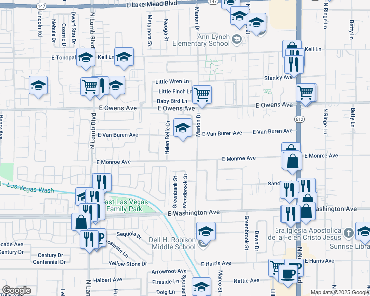 map of restaurants, bars, coffee shops, grocery stores, and more near 1463 Marion Drive in Las Vegas