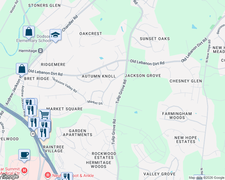 map of restaurants, bars, coffee shops, grocery stores, and more near 2336 Willesden Green Court in Nashville