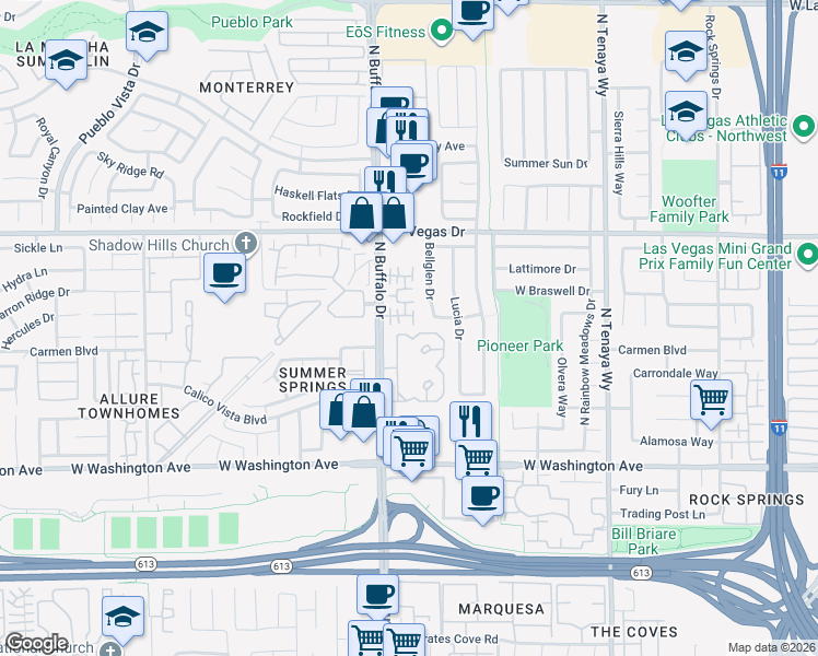 map of restaurants, bars, coffee shops, grocery stores, and more near 1412 Beaver Spring Street in Las Vegas