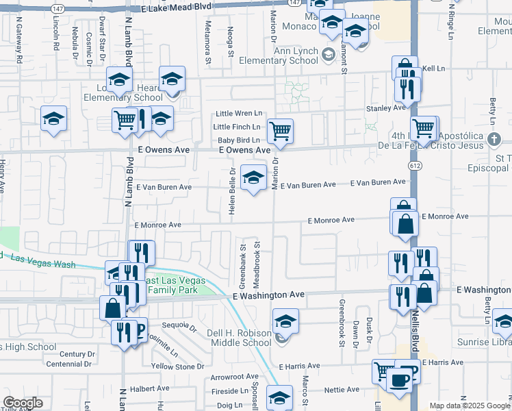 map of restaurants, bars, coffee shops, grocery stores, and more near 1463 Marion Drive in Las Vegas
