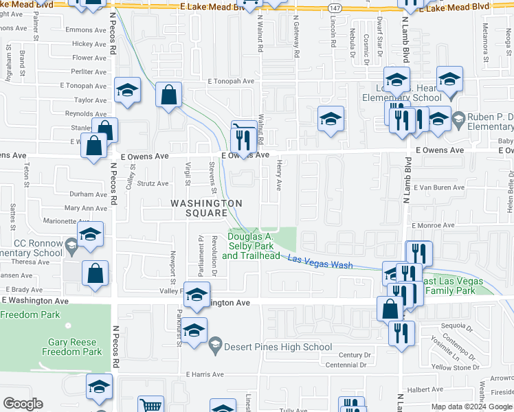 map of restaurants, bars, coffee shops, grocery stores, and more near 1457 North Sandhill Road in Las Vegas