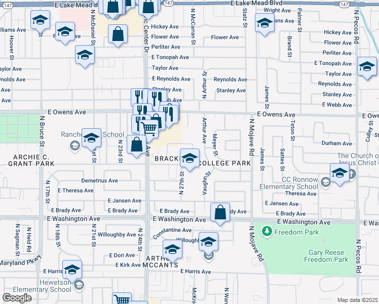 map of restaurants, bars, coffee shops, grocery stores, and more near 2701 Searles Avenue in Las Vegas