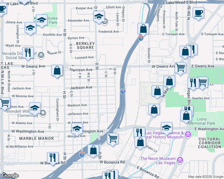 map of restaurants, bars, coffee shops, grocery stores, and more near 201 Jackson Avenue in Las Vegas