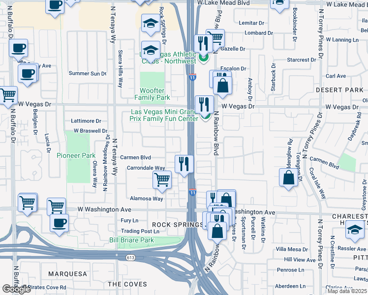 map of restaurants, bars, coffee shops, grocery stores, and more near 1320 Sunblossom Street in Las Vegas