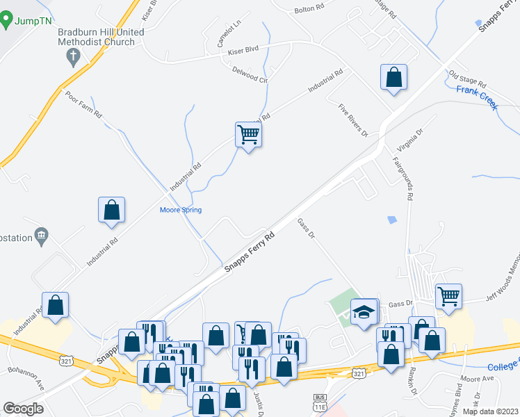 map of restaurants, bars, coffee shops, grocery stores, and more near 1627 Snapps Ferry Road in Greeneville