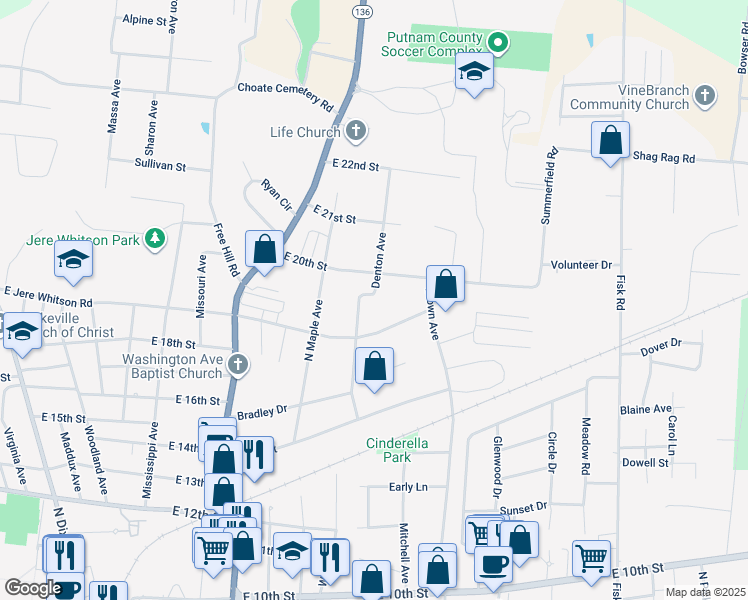 map of restaurants, bars, coffee shops, grocery stores, and more near 1961 Denton Avenue in Cookeville