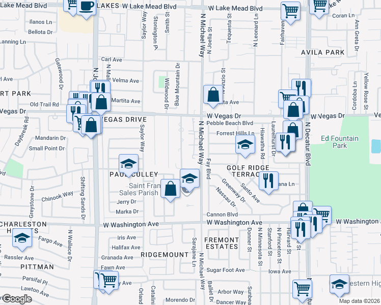 map of restaurants, bars, coffee shops, grocery stores, and more near 1401 North Michael Way in Las Vegas