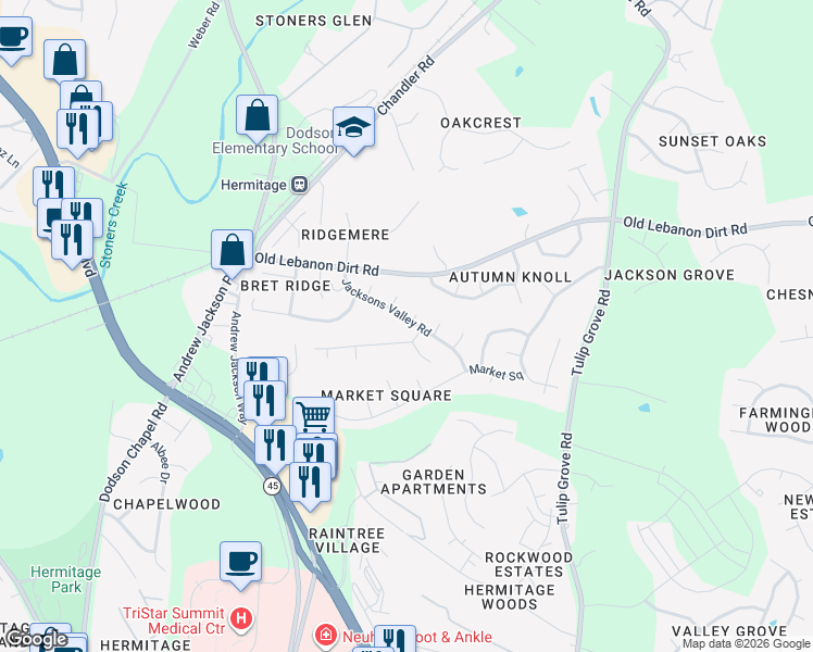 map of restaurants, bars, coffee shops, grocery stores, and more near 1041 Jacksons Valley Road in Nashville