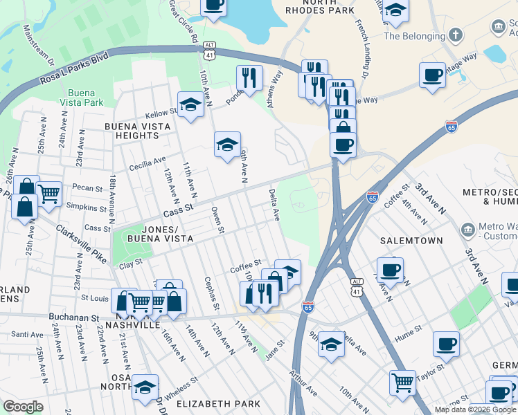 map of restaurants, bars, coffee shops, grocery stores, and more near 2016 9th Avenue North in Nashville