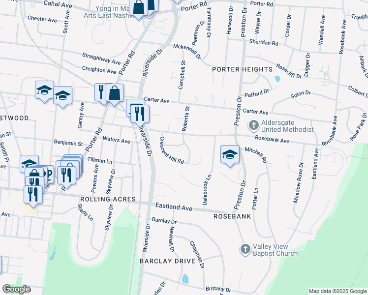 map of restaurants, bars, coffee shops, grocery stores, and more near 323 Pioneer Lane in Nashville