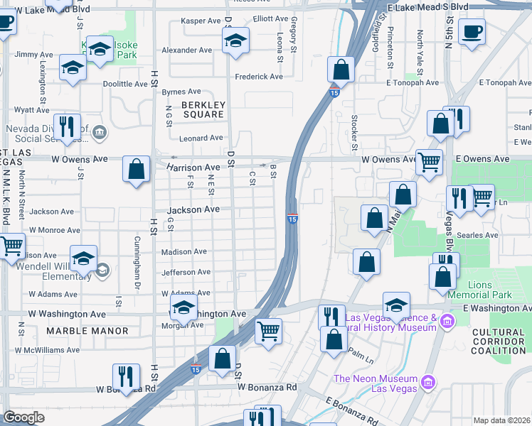 map of restaurants, bars, coffee shops, grocery stores, and more near 211 Jackson Avenue in Las Vegas