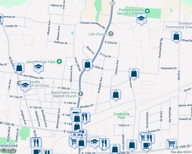 map of restaurants, bars, coffee shops, grocery stores, and more near 1940 North Washington Avenue in Cookeville