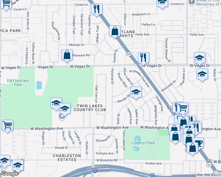 map of restaurants, bars, coffee shops, grocery stores, and more near 1317 Pyramid Drive in Las Vegas