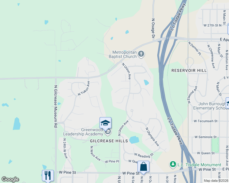 map of restaurants, bars, coffee shops, grocery stores, and more near 1747 West Woodrow Street in Tulsa
