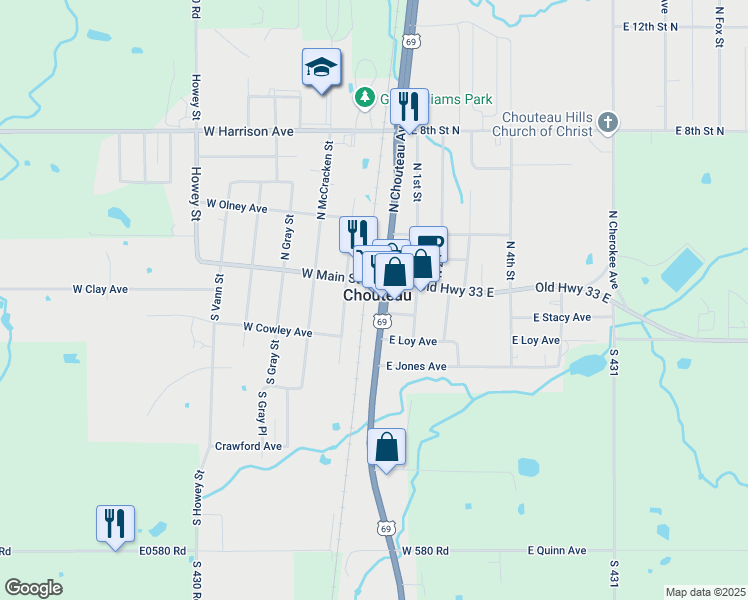 map of restaurants, bars, coffee shops, grocery stores, and more near in Mazie