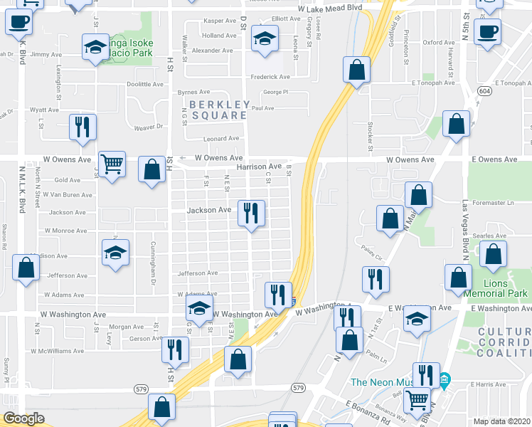 map of restaurants, bars, coffee shops, grocery stores, and more near 1322 C Street in Las Vegas