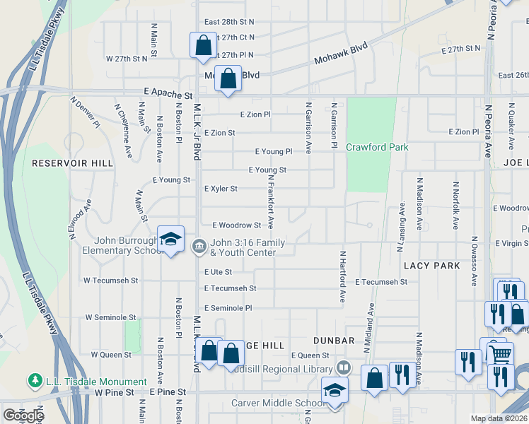 map of restaurants, bars, coffee shops, grocery stores, and more near 343 East Woodrow Place in Tulsa