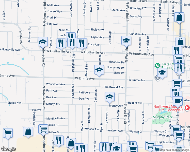 map of restaurants, bars, coffee shops, grocery stores, and more near 1800 West Emma Avenue in Springdale