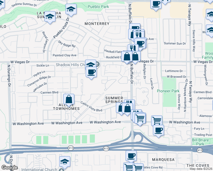map of restaurants, bars, coffee shops, grocery stores, and more near 7708 Coralite Drive in Las Vegas