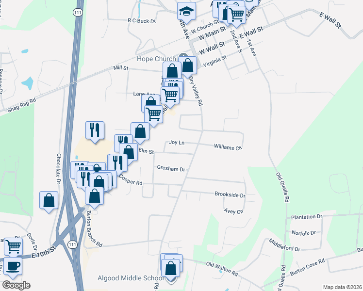 map of restaurants, bars, coffee shops, grocery stores, and more near 125 Joy Lane in Cookeville