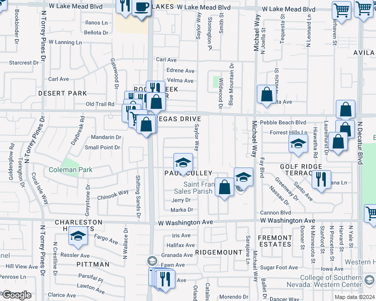 map of restaurants, bars, coffee shops, grocery stores, and more near 5813 Glen Eagles Lane in Las Vegas