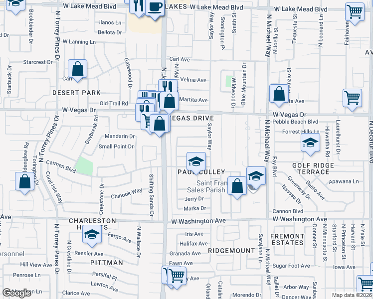 map of restaurants, bars, coffee shops, grocery stores, and more near 5909 Glen Eagles Lane in Las Vegas