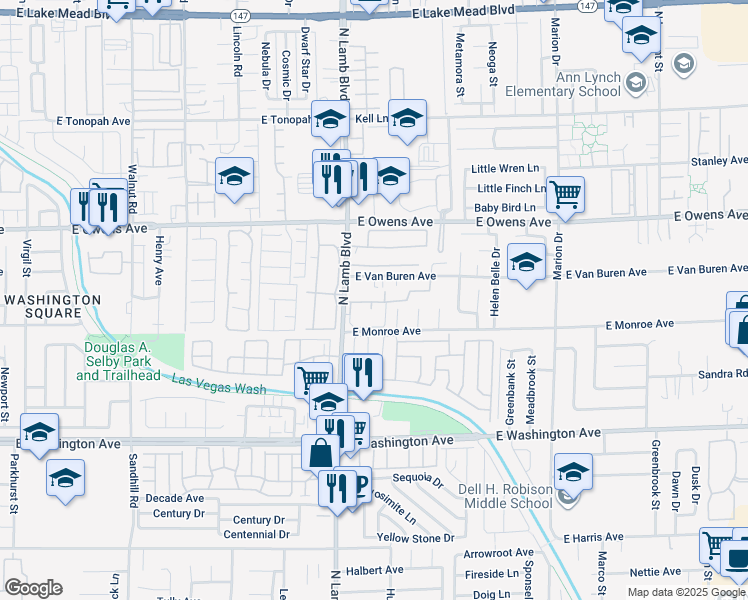 map of restaurants, bars, coffee shops, grocery stores, and more near 4430 East Van Buren Avenue in Las Vegas