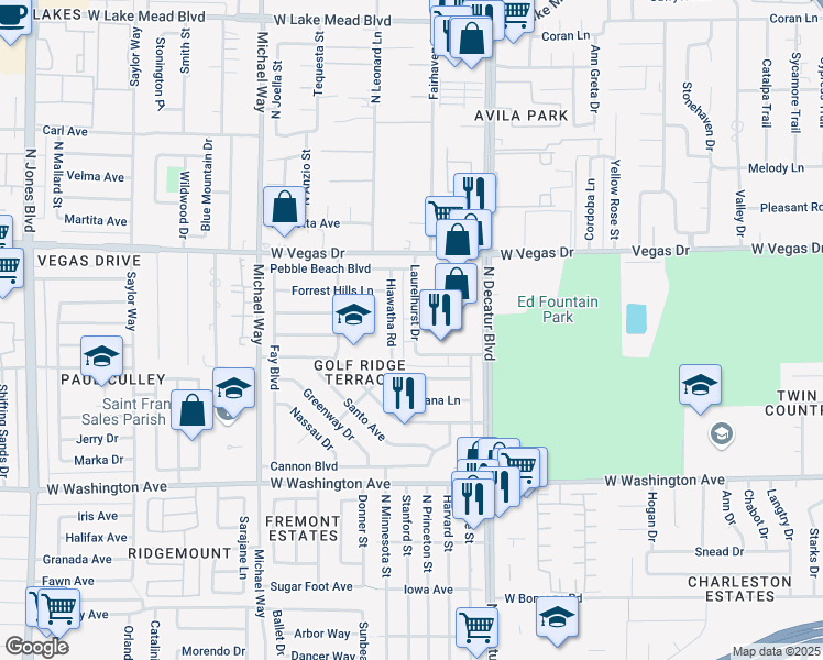 map of restaurants, bars, coffee shops, grocery stores, and more near 1503 Laurelhurst Drive in Las Vegas