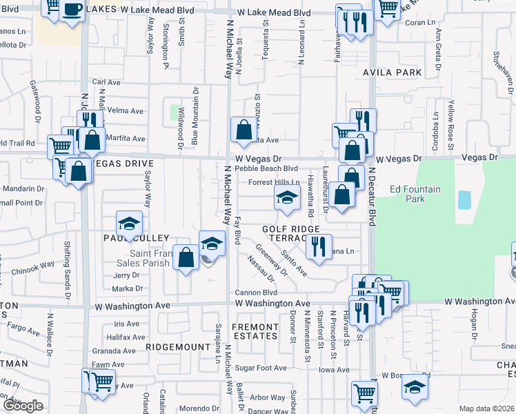 map of restaurants, bars, coffee shops, grocery stores, and more near 5225 Glen Eagles Lane in Las Vegas