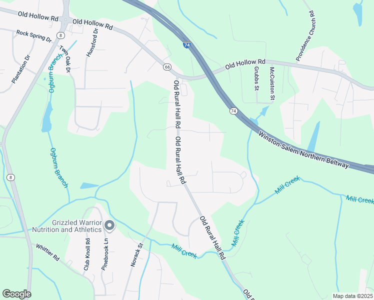 map of restaurants, bars, coffee shops, grocery stores, and more near 5843 Old Rural Hall Road in Winston-Salem