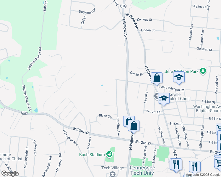 map of restaurants, bars, coffee shops, grocery stores, and more near 1370 Carolina Avenue in Cookeville