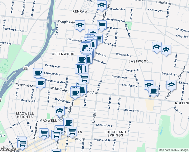 map of restaurants, bars, coffee shops, grocery stores, and more near 909 North 12th Street in Nashville