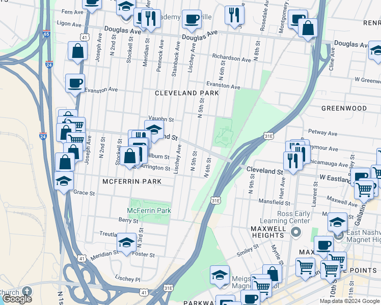 map of restaurants, bars, coffee shops, grocery stores, and more near 827 North 5th Street in Nashville