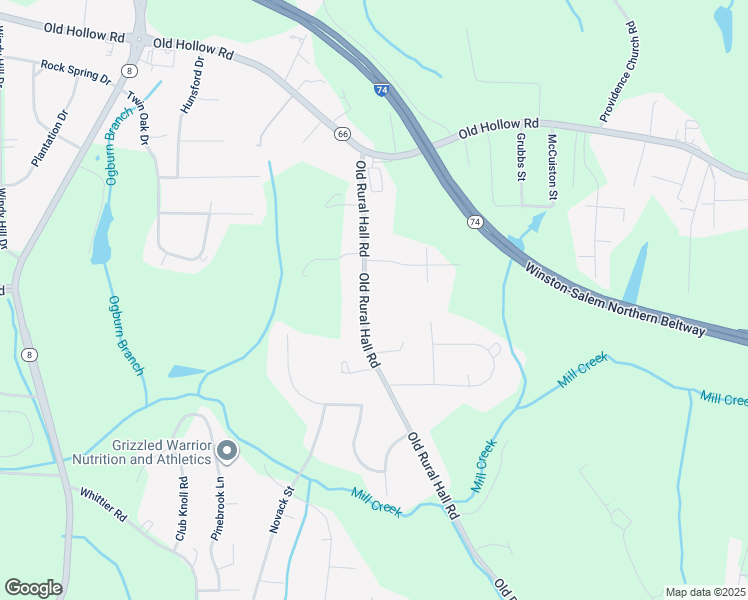 map of restaurants, bars, coffee shops, grocery stores, and more near 5843 Old Rural Hall Road in Winston-Salem