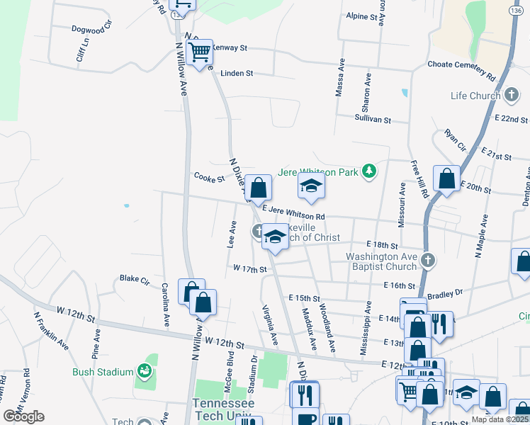 map of restaurants, bars, coffee shops, grocery stores, and more near 115 East Jere Whitson Road in Cookeville