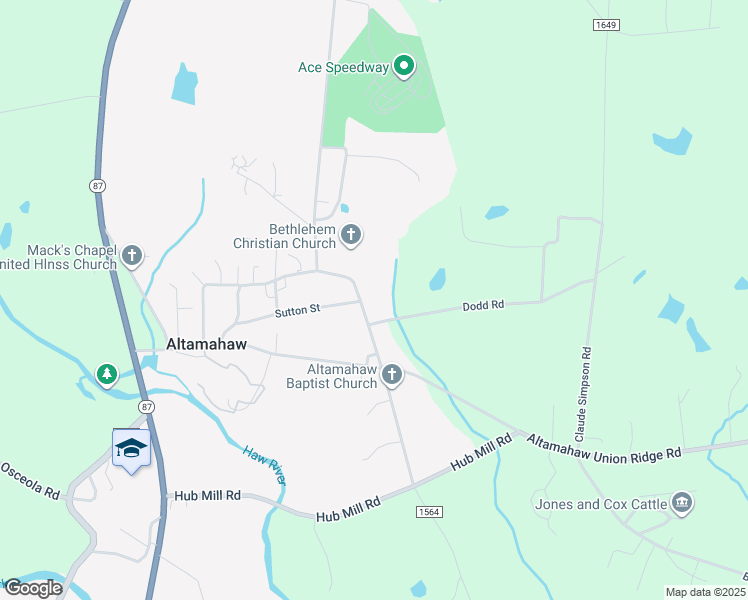 map of restaurants, bars, coffee shops, grocery stores, and more near 3569 Altamahaw Church Street in Elon