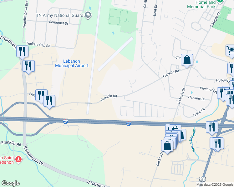 map of restaurants, bars, coffee shops, grocery stores, and more near 620 Franklin Road in Lebanon