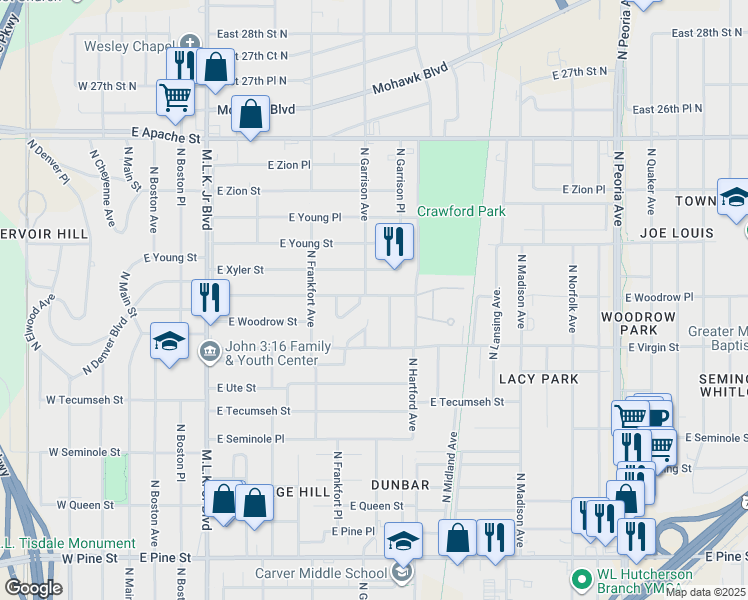 map of restaurants, bars, coffee shops, grocery stores, and more near 608 East Woodrow Place in Tulsa