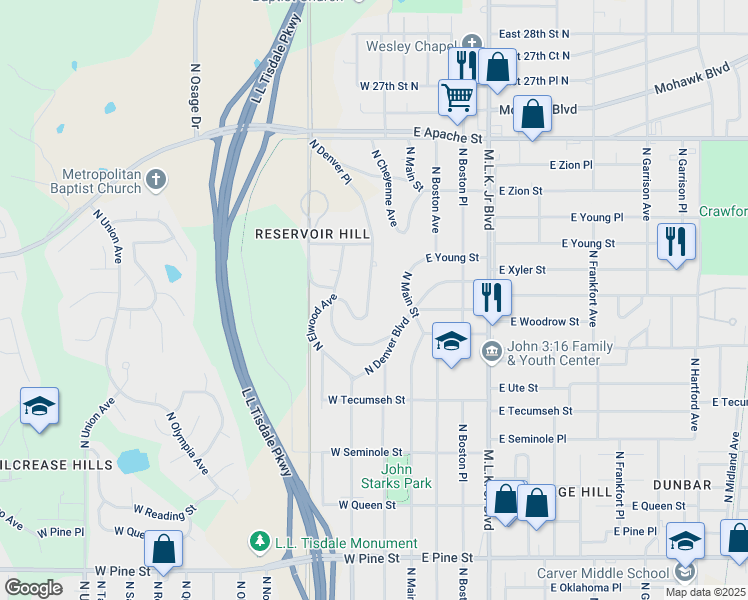 map of restaurants, bars, coffee shops, grocery stores, and more near 2221 North Denver Place in Tulsa