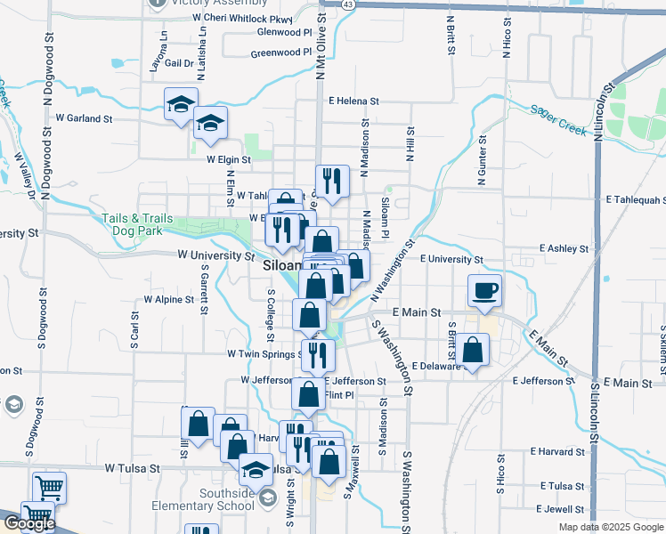 map of restaurants, bars, coffee shops, grocery stores, and more near 127 North Broadway Street in Siloam Springs