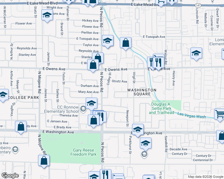 map of restaurants, bars, coffee shops, grocery stores, and more near 3600 Guinevere Avenue in Las Vegas